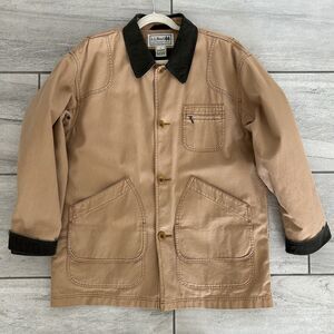 LL Bean Barn Jacket Mens Size L Canvas Chore Coat Tan Corduroy Collar Wool Lined